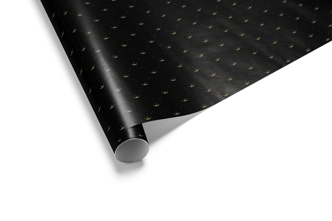 Alt Tag: Crown Wrapping Paper Royal After Midnight black gift wrap with gold crown motif diamond lattice luxury wrapping roll