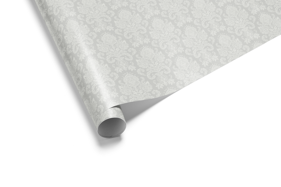 Alt Tag: Elegant Wedding Gift Wrap in soft silver-gray damask pattern, rolled gift wrapping paper for weddings and special occasions