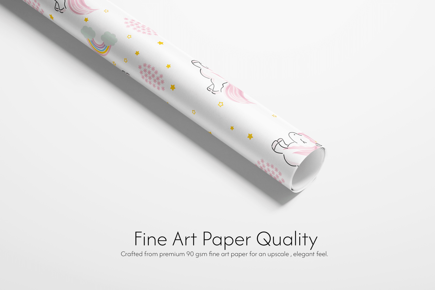 Unicorn Wrapping Paper roll with pastel pink unicorns, soft rainbow accents, and gold stars, fine art paper quality for gifts
