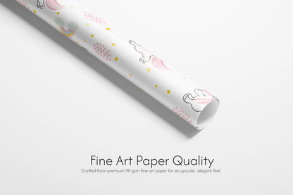 Unicorn Wrapping Paper roll with pastel pink unicorns, soft rainbow accents, and gold stars, fine art paper quality for gifts