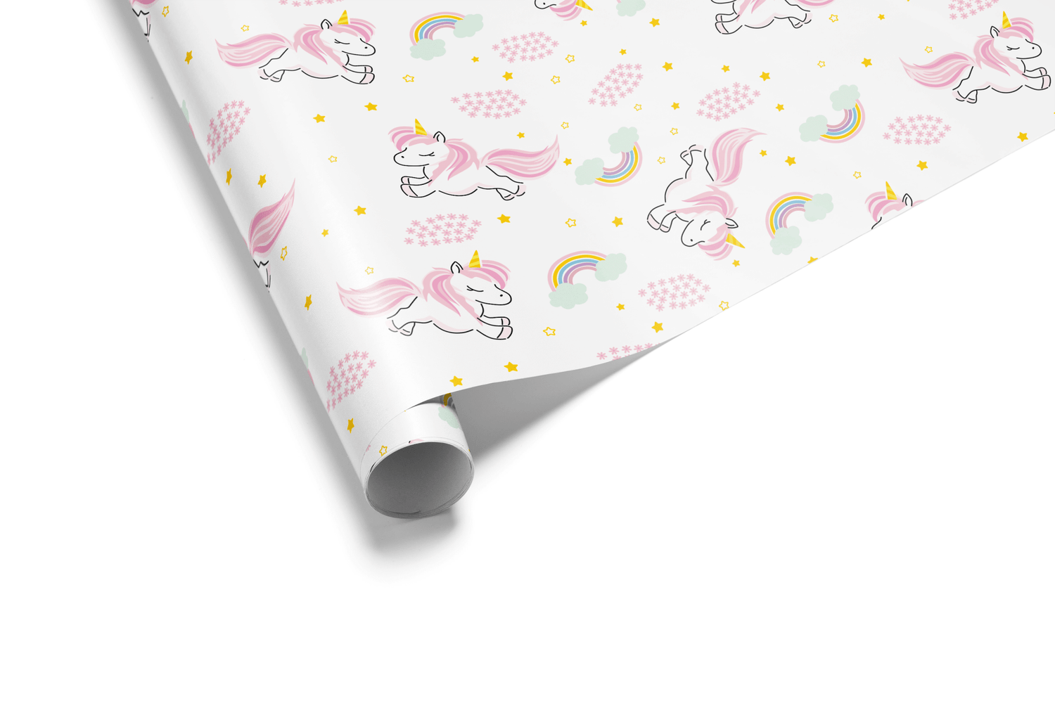 Alt Tag: Unicorn Wrapping Paper with pink unicorns, pastel rainbows, and gold stars on white gift wrap roll