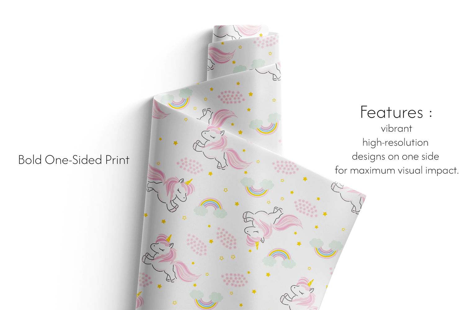 Alt Tag: Unicorn Wrapping Paper roll with pink unicorns, pastel rainbows and gold stars, bold one-sided print for gift wrapping
