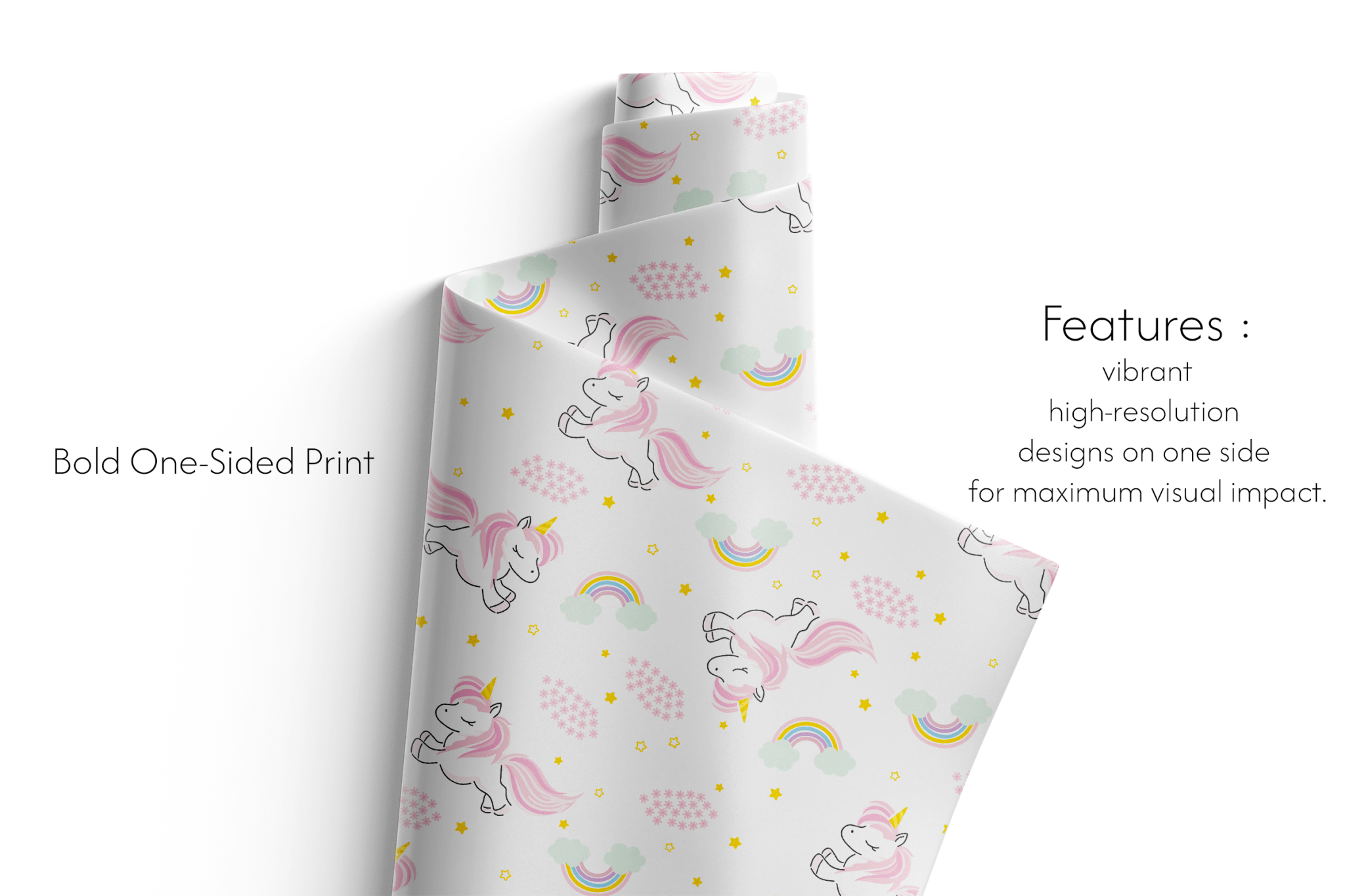 Alt Tag: Unicorn Wrapping Paper roll with pink unicorns, pastel rainbows and gold stars, bold one-sided print for gift wrapping