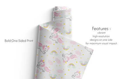 Alt Tag: Unicorn Wrapping Paper roll with pink unicorns, pastel rainbows and gold stars, bold one-sided print for gift wrapping
