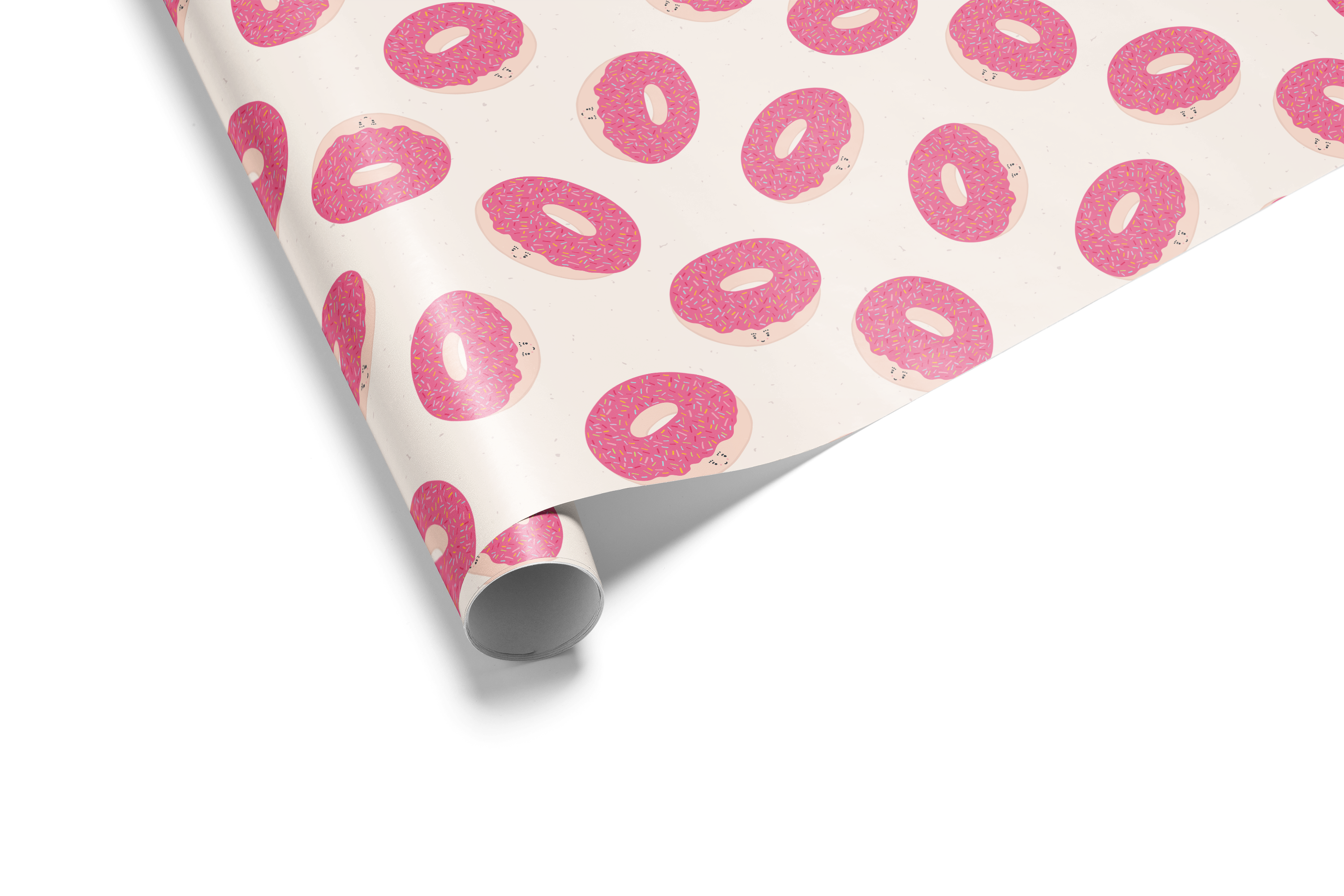 Alt Tag: Donut Wrapping Paper with bold pink frosted donut pattern on soft neutral background, chic sprinkle gift wrap for birthdays and brunch