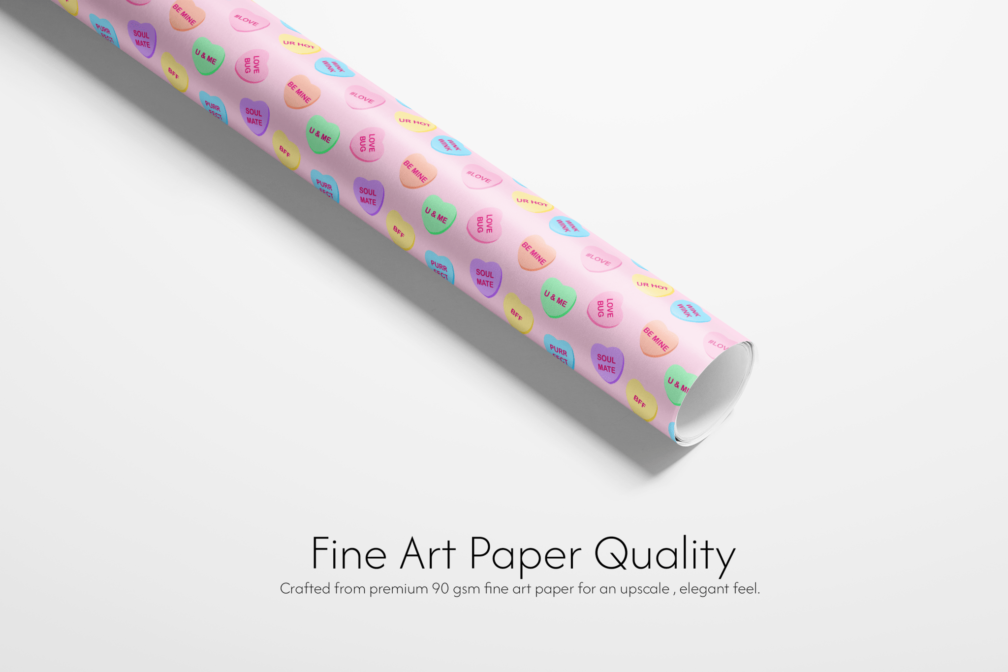 Pastel Heart Aesthetic Gift Wrapping Paper roll with conversation heart pattern on pink background, fine art paper quality