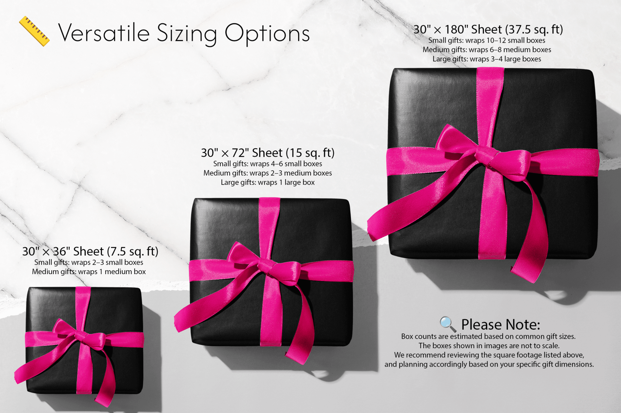 Alt Tag: Pink Stripe Wrapping Paper versatile sizing options chart with wrapped gifts and sheet sizes 30x36, 30x72, 30x180