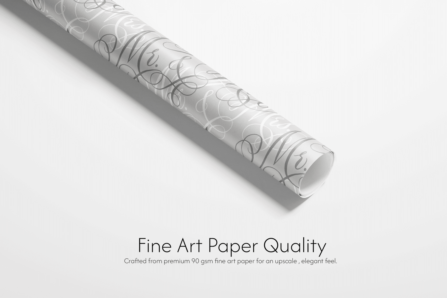 Alt Tag: Wedding Wrapping Paper roll with elegant Mr. &amp; Mrs. calligraphy on soft neutral background, fine art paper quality gift wrap
