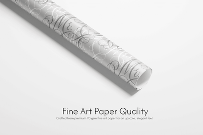 Alt Tag: Wedding Wrapping Paper roll with elegant Mr. &amp; Mrs. calligraphy on soft neutral background, fine art paper quality gift wrap