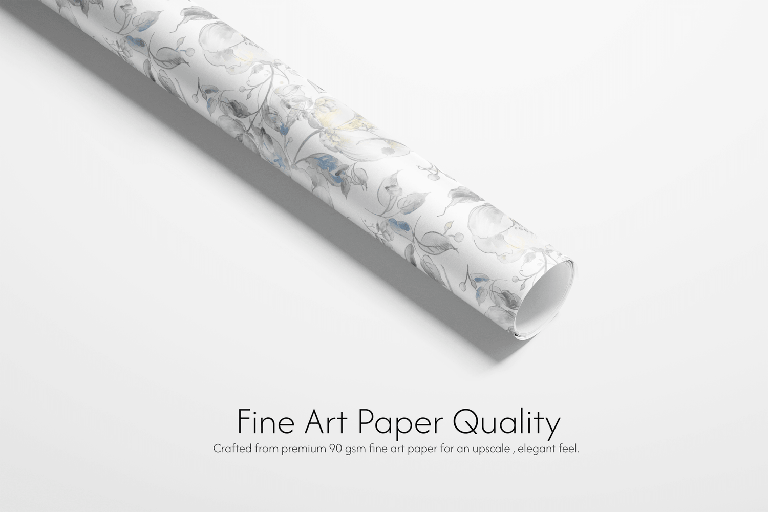 Alt Tag: Whispering Midnight Sapphire Petals fine art wrapping paper roll, wedding and bridal shower wrapping paper with soft blue and grey florals