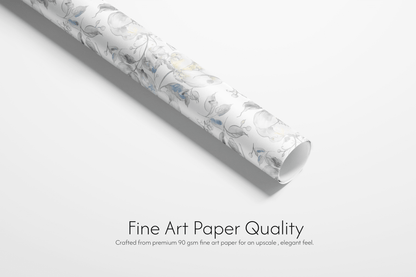 Alt Tag: Whispering Midnight Sapphire Petals fine art wrapping paper roll, wedding and bridal shower wrapping paper with soft blue and grey florals