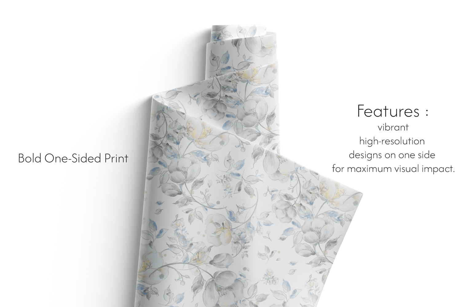 Whispering Midnight Sapphire Petals wedding and bridal shower wrapping paper with soft blue and grey florals roll close-up