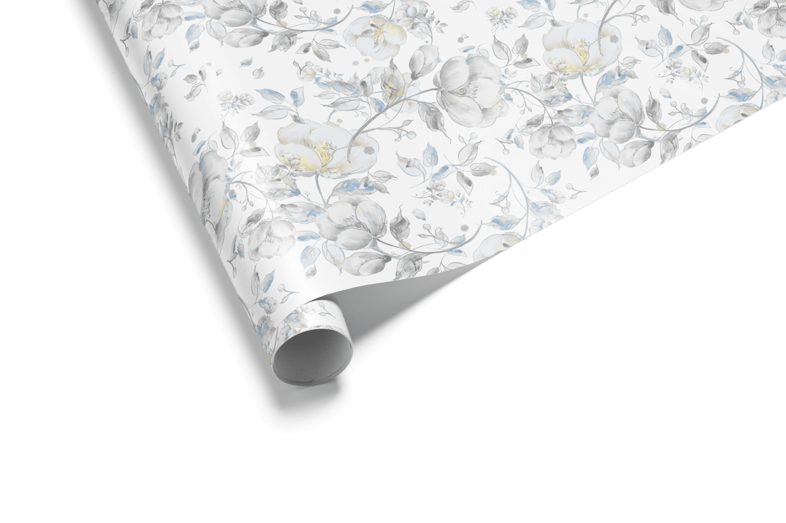 Whispering Midnight Sapphire Petals wedding and bridal shower wrapping paper with soft blue and grey florals