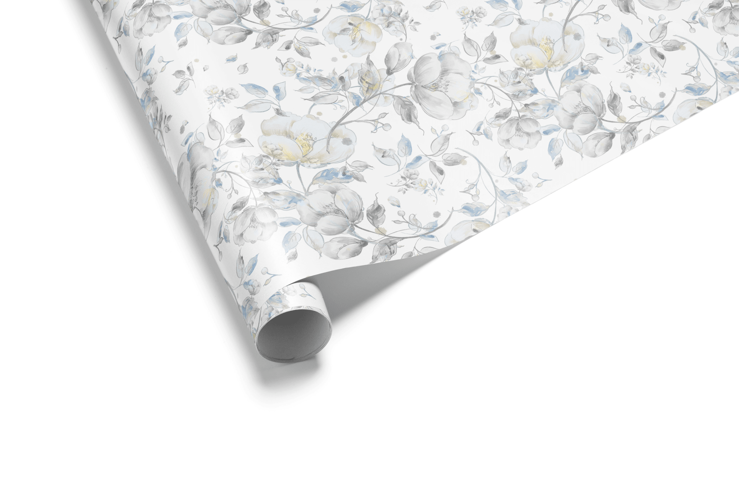 Whispering Midnight Sapphire Petals wedding and bridal shower wrapping paper with soft blue and grey florals