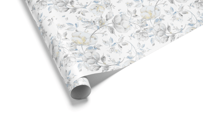 Whispering Midnight Sapphire Petals wedding and bridal shower wrapping paper with soft blue and grey florals
