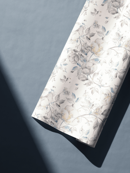 Whispering Midnight Sapphire Petals wedding and bridal shower wrapping paper with soft blue and grey florals botanical gift wrap