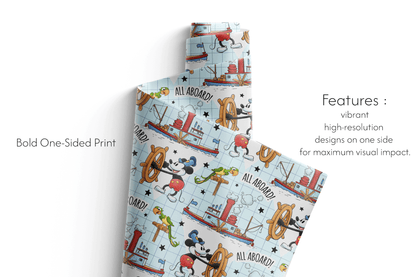Alt Tag: Whistling Riverboat Nostalgia Voyage steamboat willie wrapping paper for kids, vintage whistling mouse riverboat gift wrap roll