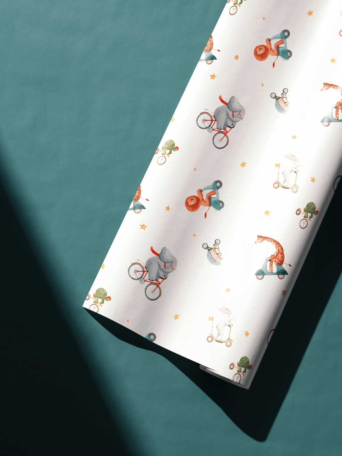 Alt Tag: Wild Wheels Adventure Wrap safari animal wrapping paper roll with playful animals riding bikes and scooters pattern