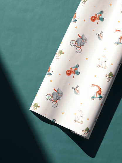 Alt Tag: Wild Wheels Adventure Wrap safari animal wrapping paper roll with playful animals riding bikes and scooters pattern