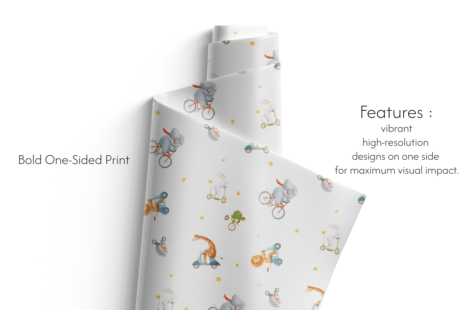 Alt Tag: Wild Wheels Adventure Wrap safari animal wrapping paper roll with bold one-sided print, vibrant high-resolution design on white