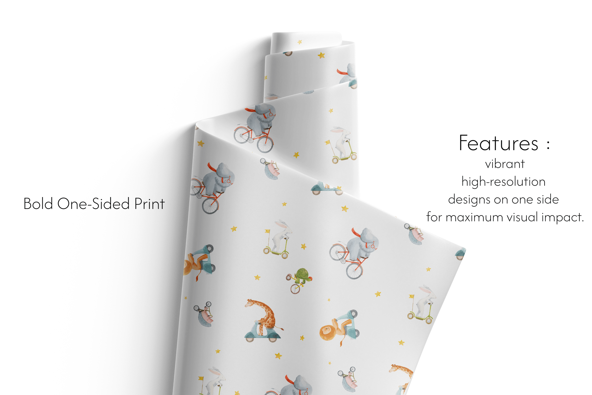 Alt Tag: Wild Wheels Adventure Wrap safari animal wrapping paper roll with bold one-sided print, vibrant high-resolution design on white