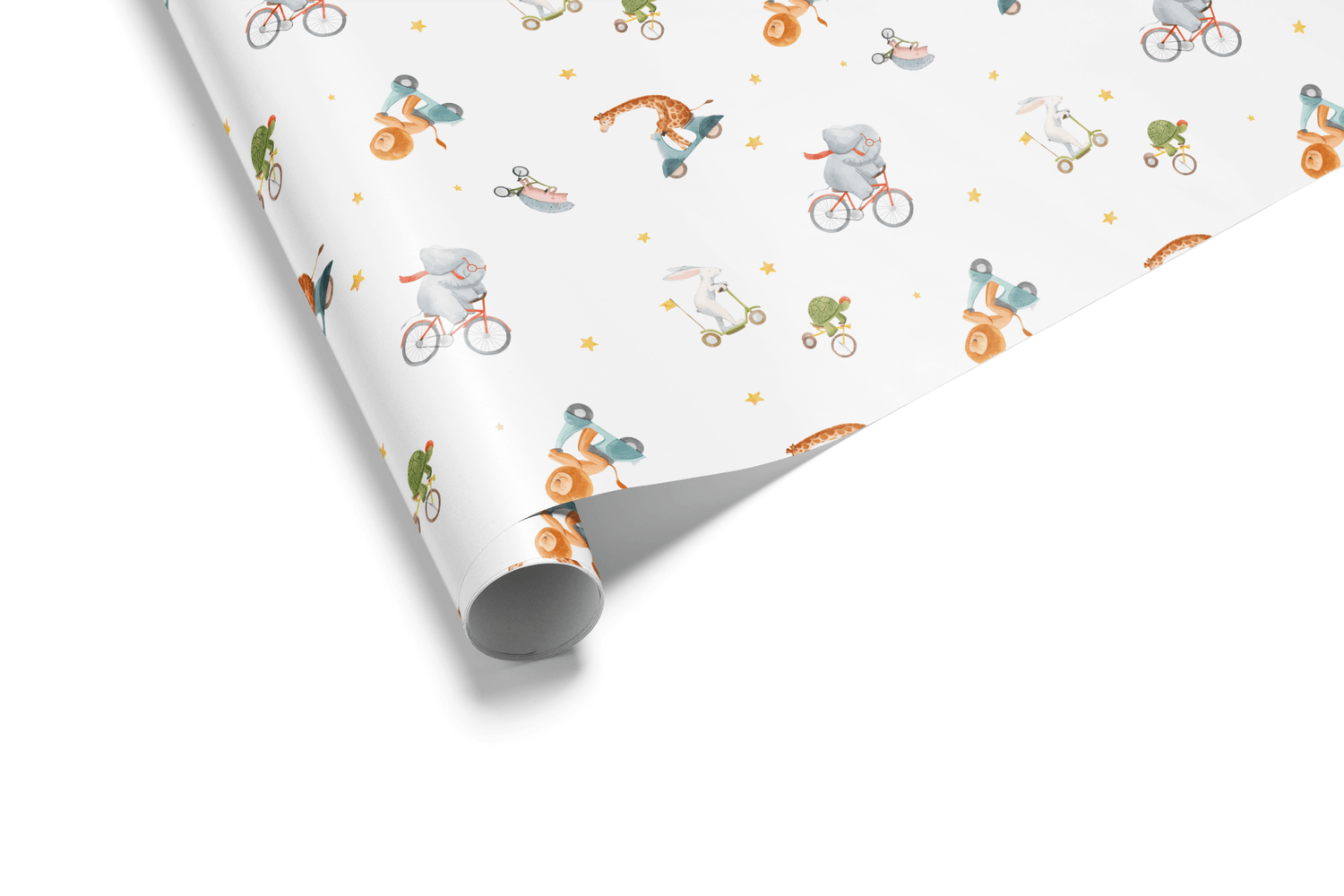 Alt Tag: Wild Wheels Adventure Wrap safari animal wrapping paper roll with cute animals riding bikes, scooters and cars pattern