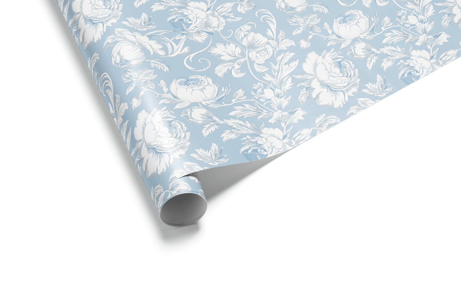 Baby Shower Gift Wrap Wisteria Silk baby blue wrapping paper with ivory peony botanical pattern, rolled sheet detail