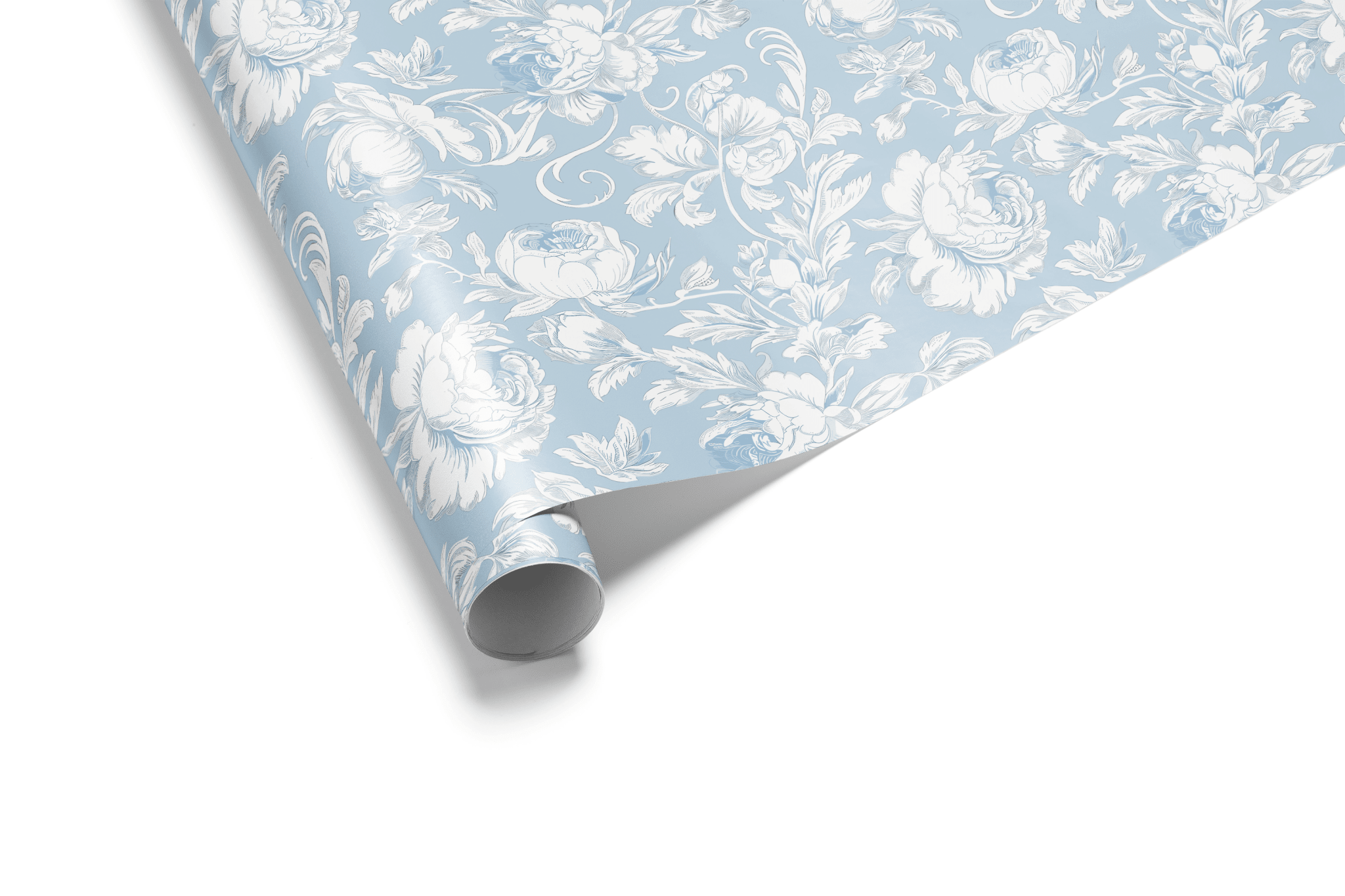 Baby Shower Gift Wrap Wisteria Silk baby blue wrapping paper with ivory peony botanical pattern, rolled sheet detail