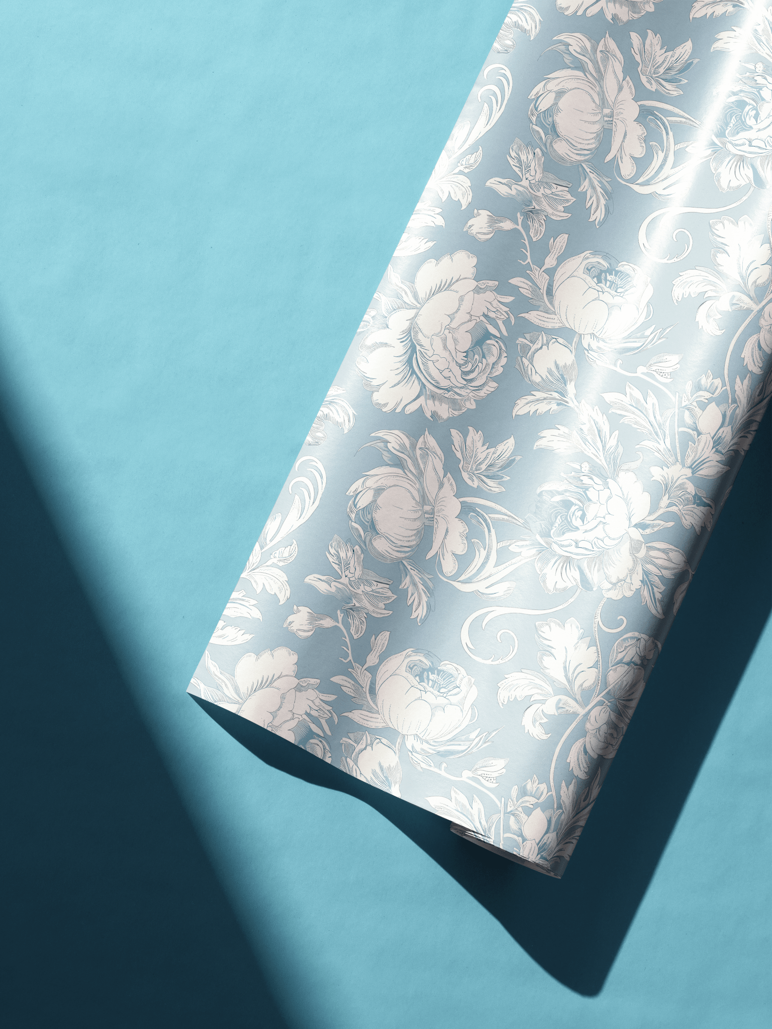 Alt Tag: Baby Shower Gift Wrap Wisteria Silk baby blue wrapping paper with ivory peony botanical pattern roll
