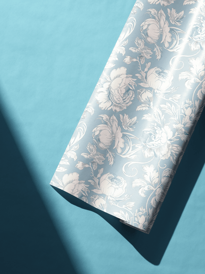 Alt Tag: Baby Shower Gift Wrap Wisteria Silk baby blue wrapping paper with ivory peony botanical pattern roll