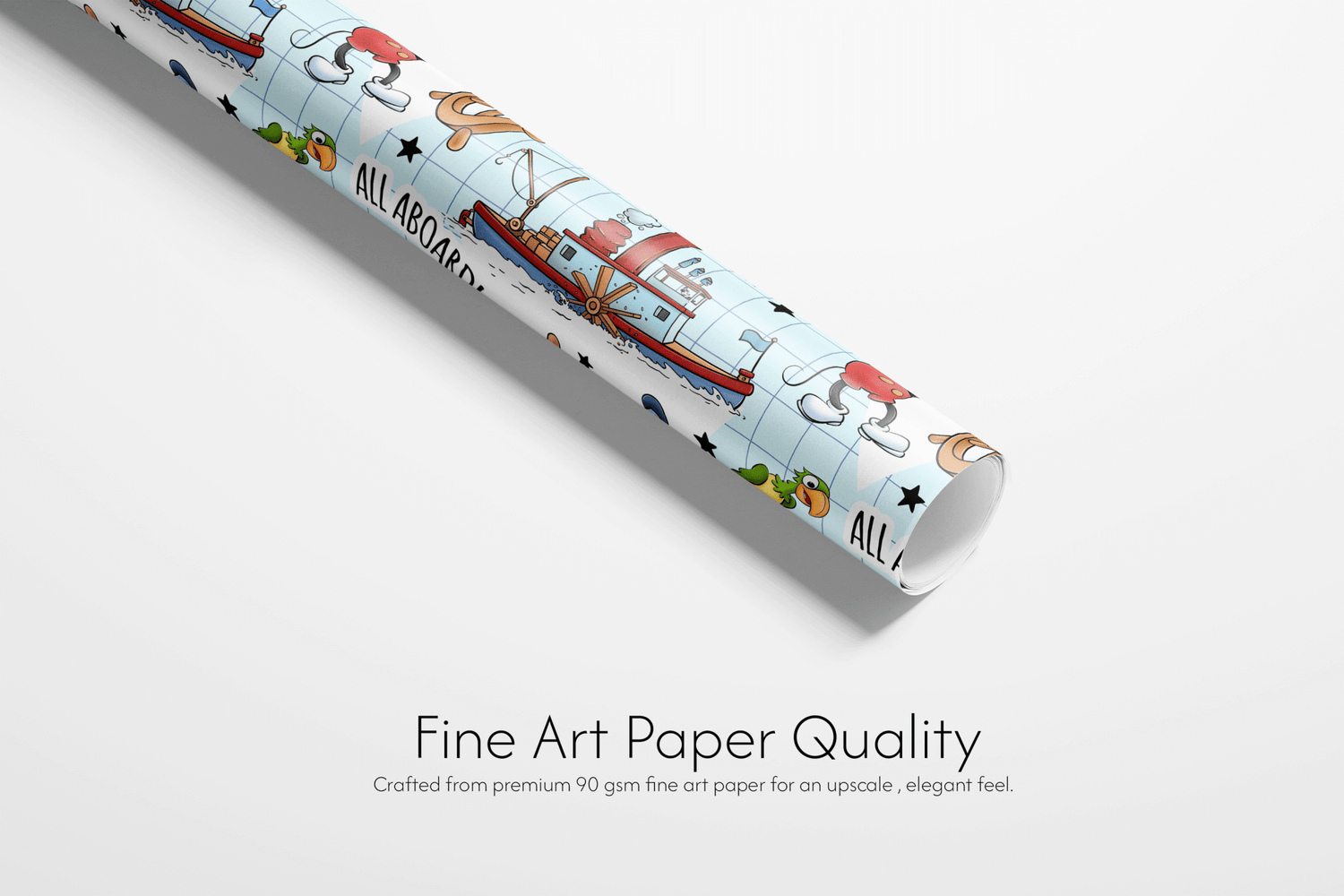 Alt Tag: Whistling Riverboat Nostalgia Voyage steamboat willie wrapping paper for kids, fine art paper quality roll with vintage riverboat pattern