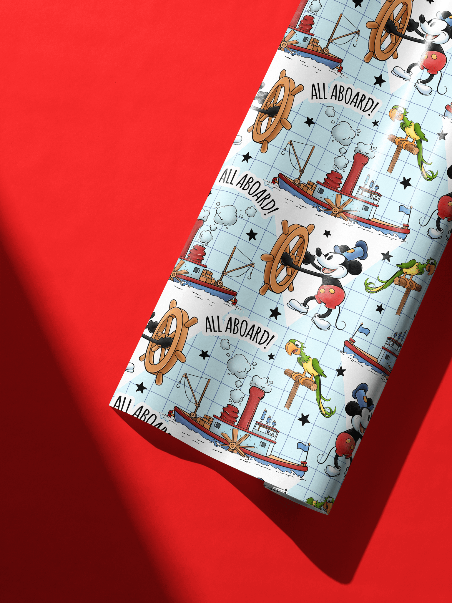 Alt Tag: Whistling Riverboat Nostalgia Voyage steamboat willie wrapping paper for kids, vintage whistling captain gift wrap pattern