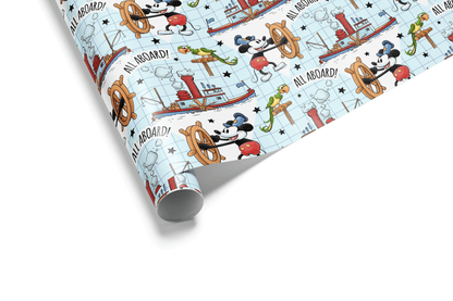 Alt Tag: Whistling Riverboat Nostalgia Voyage steamboat willie wrapping paper for kids, vintage whistling mouse riverboat pattern gift wrap